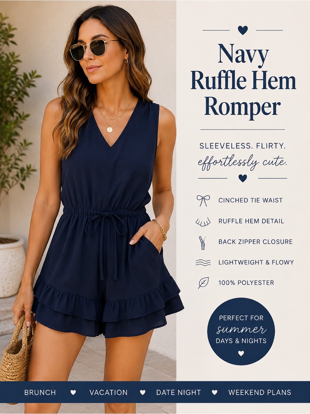 Navy Ruffle Hem Sleeveless Romper | Tie Waist | Size Small
